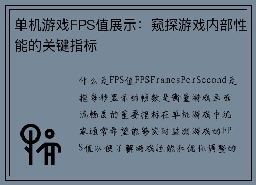 单机游戏FPS值展示：窥探游戏内部性能的关键指标